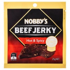 NOBBYS HOT AND SPICY BEEF JERKY 25GM pack size: 12