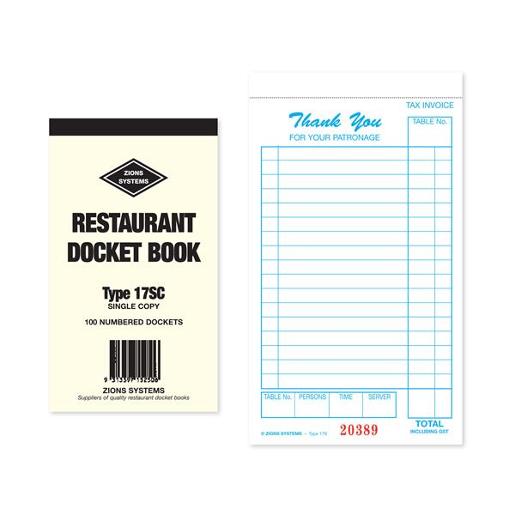 ZIONS SYSTEMS CAFE DOCKET BOOK 17SC Pack Size: 25