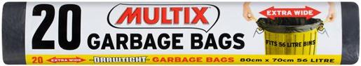 MULTIX GARBAGE BAGS DRAWTIGHT EXTRA WIDE ROLL 8CM X 7CM 56 LITRE 20S Pack Size: 12